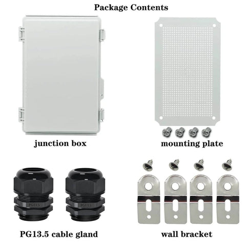 Package contents of IP67 Waterproof Junction Box With Hinged Cover, Heavy Duty Stainless Steel Latch, Plastic Enclosure, Mounting Plate, Wall Brackets, 2 PG13.5 Cable Glands, Grey, 11x7.5x5.5 Inches