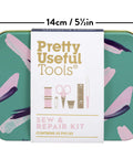 25-Piece Emergency Travel Mini Sew And Repair Kit In Jungle Camo, compact tin with sewing tools, 14cm by 5.5in size.
