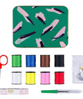 25-Piece Emergency Travel Mini Sew And Repair Kit In Jungle Camo with threads, needles, scissors, tape measure, thimble, buttons, stored in a tin.