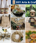 Collage of DIY arts and crafts using Natural Jute Twine 805 Feet Bulk Rope 2 Mm Thick 3 Ply For Crafts Gardening Gift Wrapping Wedding Decor
