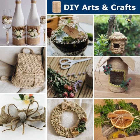 Collage of DIY arts and crafts using Natural Jute Twine 805 Feet Bulk Rope 2 Mm Thick 3 Ply For Crafts Gardening Gift Wrapping Wedding Decor