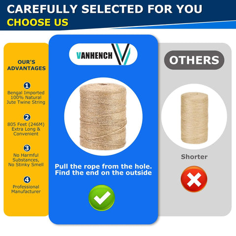 Comparison of Vanhench Natural Jute Twine 805 Feet Bulk Rope 2 Mm Thick 3 Ply with competitors, highlighting advantages.