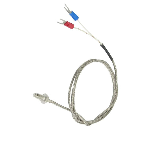 K Type Thermocouple Temperature Sensor with nylon braided sheath, 6mm screw thread, 1 meter length, fork pin connection visible