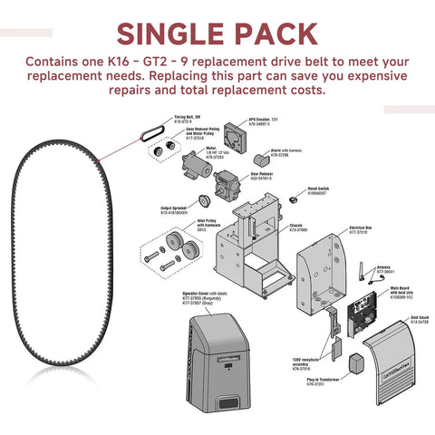 Diagram of K16-GT2-9 Drive Belt Replacement for LiftMaster RSL12U and RSL12UL with assembly components and instructions.