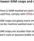Comparison of KAM snaps highlighting features such as lead-free CPSIA compliance, glossy finish, durability, and heat resistance.