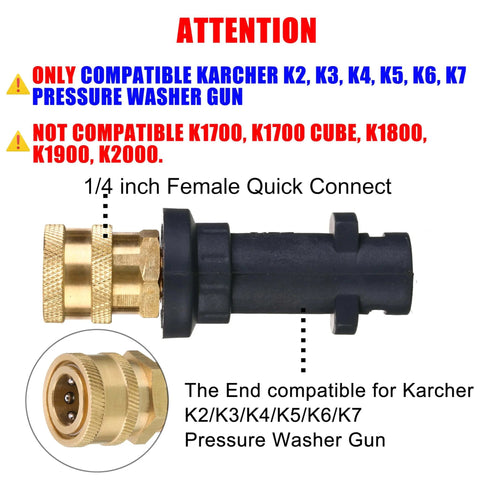 Pressure Washer Gun Adapter For Karcher K2 K3 K4 K5 K6 K7 Pre 2010 Models And Stanley SLP Guns Converts To One Quarter Inch Quick Connect Fitting Easy Install brass socket and plastic housing