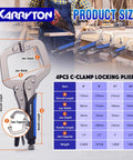 Heavy Duty C Clamp Locking Pliers Set With Swivel Pads And Rubber Soft Grips For Precise Welding And Woodworking Projects Includes 6 Inch 9 Inch 11 Inch And 14 Inch Pliers Carbon Steel Construction Ideal DIY Clamp Tools By KARRYTON, shown with size chart and specifications.