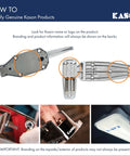 Diagram showing how to identify genuine Kason products with branding on door hardware, including close-up views of logos and markings.