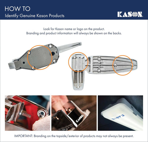 Diagram showing how to identify genuine Kason products with branding on door hardware, including close-up views of logos and markings.