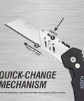 3 Pack Folding Utility Knife Set With Zinc Alloy Body, Quick Change Blades, Lock Back, demonstrating blade replacement mechanism