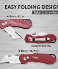 3 Pack Folding Utility Knife Set With Zinc Alloy Body and Quick Change Blades, open and closed views showing easy folding design.