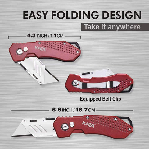 3 Pack Folding Utility Knife Set With Zinc Alloy Body and Quick Change Blades, open and closed views showing easy folding design.