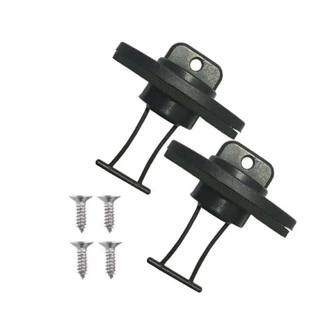 Kayak Drain Plug Kit For Boats And Canoes With Coarse Thread Bung Replacement Hardware Set 2 Pieces Easy Install No More Water In The Hull Universal Fit, showing 2 black plugs with screws.