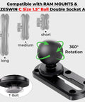 4 Inch Tough Track Kayak Mount Base With 1.5 Inch Ball T Bolt Track Rail Compatible With RAM Mounts showing socket arm options