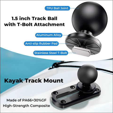 Close-up of 4 Inch Tough Track Kayak Mount Base With 1.5 Inch Ball T Bolt Track Rail Compatible With RAM Mounts on kayak surface