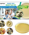Mold Test Kit for Home - 12 Simple Detection Tests, packaging with test plates, mold samples, and a family in front of a house background