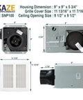 Dimensions and components of Easy Install 100 CFM Bathroom Exhaust Fan With Ultra Quiet 0.8 Sone Operation Energy Star Certified No Attic Access Required SNP100 By Kaze Appliance