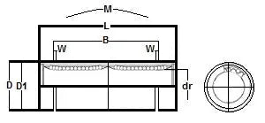 Technical diagram of KB25W NB Bearing 25mm Ball Bushings Linear Motion Bearing showing dimensions and component structure.