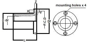 Technical diagram of a KBF50 NB Bearing 50mm Ball Bushings Linear Motion Bearing showing dimensions and mounting holes for automation systems.