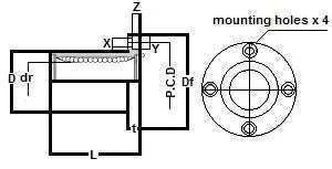 Diagram of ✝️ KBF50UU NB Bearing 50mm Ball Bushings Linear Motion Bearing showing dimensions and mounting holes for installation.
