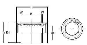 Technical diagram of ✝️ KBS8 NB Bearing 8mm Ball Bushings Linear Motion Bearing highlighting dimensions and internal structure.