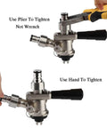 Ball Lock To Sankey Keg Adapter Conversion Kit In Stainless Steel With Food Grade Silicone Washers shown with plier and hand tightening.