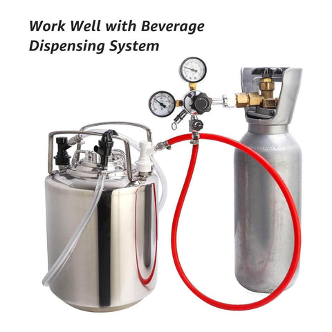 Two Pack Ball Lock Disconnects With Stainless One Quarter Inch Liquid Barb For Corny Kegs And Keg Posts MFL Swivel Nuts Plus Extra Hose Clamps attached to a keg system