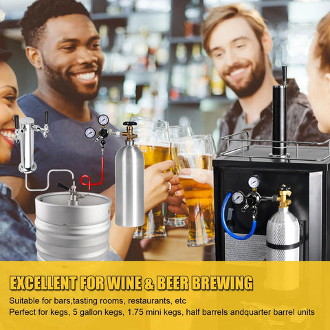 People enjoying drinks with a CGA-320 Keg Regulator, kegerator setup showing adjustable pressure knob and safety relief valve.