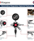 Elite Series Secondary Regulator For Multi Keg Draft Systems From Kegco with detailed features including pressure gauge and T knob.