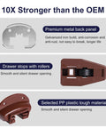 Diagram showing features of for Kenlin Rite-Trak II Drawer Slides Replacement 5 Sets of Rite Track 2 Drawer Repair Parts, including metal panel and plastic material.