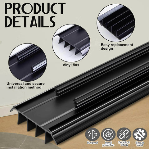 2 Pcs Kerf Style Door Bottom 36" Long 1 3/4" Wide Replacement Threshold Seal with Vinyl Fins Weatherstrip Draft Stopper for Interior Exterior Doors(Black)