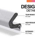 40FT Extra Long Kerf Weather Stripping Door Seal for Large Gaps, white door seal with PE cover, PU foam, and PVC flange design details.