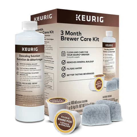 Kit de mantenimiento Brewer de 3 meses para cafeteras Keurig. Incluye solución descalcificadora, dos cartuchos de filtro de agua y cuatro cápsulas de enjuague. Compatible con las máquinas Classic 1 y 2 K-Cup. Paquete de siete unidades y contenido