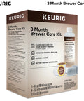 Kit de mantenimiento Brewer de 3 meses para cafeteras Keurig. Incluye solución descalcificadora, dos cartuchos de filtro de agua y cuatro cápsulas de enjuague. Compatible con las máquinas Classic 1 y 2 K-Cup. Vista frontal de la caja de siete unidades.