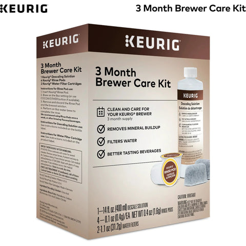 Kit de mantenimiento Brewer de 3 meses para cafeteras Keurig. Incluye solución descalcificadora, dos cartuchos de filtro de agua y cuatro cápsulas de enjuague. Compatible con las máquinas Classic 1 y 2 K-Cup. Vista frontal de la caja de siete unidades.