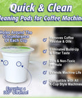 6-Pack Cleaning Pods safely clear oils and residue from the brew path, showing one pod with labeled features and benefits.