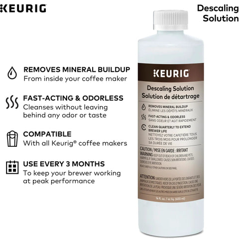 Botella de solución descalcificadora del kit de mantenimiento de 3 meses para cafeteras Keurig. Incluye solución descalcificadora, dos cartuchos de filtro de agua y cuatro cápsulas de enjuague. Compatible con las máquinas Classic 1 y 2 K-Cup. Paquete de siete unidades.