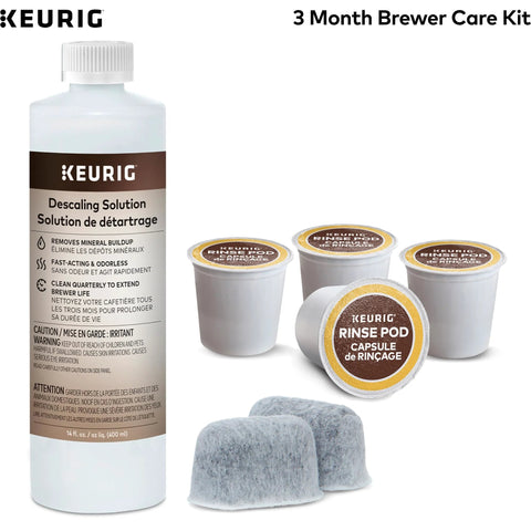 Kit de mantenimiento Brewer de 3 meses para cafeteras Keurig. Incluye una solución descalcificadora, dos cartuchos de filtro de agua y cuatro cápsulas de enjuague. Compatible con las máquinas Classic 1 y 2 K-Cup. El paquete contiene siete unidades: una botella de solución descalcificadora, cápsulas de enjuague y cartuchos de filtro.