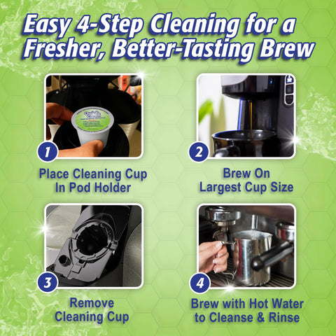 4-step cleaning process using 6-Pack Cleaning Pods safely clear oils and residue from the brew path for better-tasting coffee.