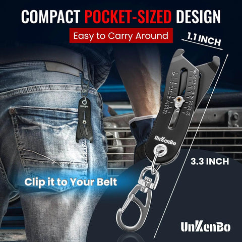 Bolt Size Finder Keychain Gauge For Bolts And Nuts SAE Five Sixteenth To One Inch And Metric 8 To 25 Mm Wrench Socket attached to belt