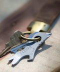 Shard 7 In 1 Keychain Multitool With Bottle Opener And Screwdriver on keyring, stainless steel with titanium nitride coating, close-up