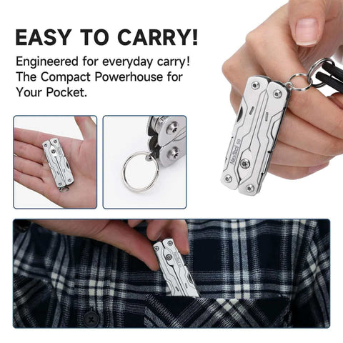 8 In 1 Mini Keychain Multitool With Serrated Scissors, File, Tweezers, Screwdrivers And Bottle Opener, Lightweight EDC Tool shown in hand and pocket