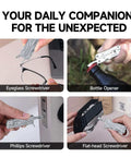 8 In 1 Mini Keychain Multitool with serrated scissors, file, tweezers, showing eyeglass screwdriver, bottle opener, Phillips and flat-head screwdriver.
