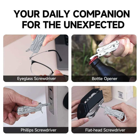 8 In 1 Mini Keychain Multitool with serrated scissors, file, tweezers, showing eyeglass screwdriver, bottle opener, Phillips and flat-head screwdriver.