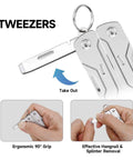 8 In 1 Mini Keychain Multitool With Serrated Scissors, File, Tweezers, showcasing ergonomic use of tweezers for hangnail removal.