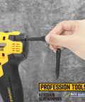 Close-up of a hand using a keychain screwdriver on a yellow and black power drill with 'Profession Tools' label.