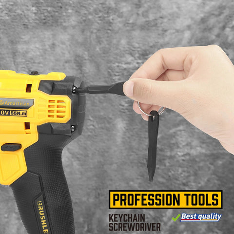 Close-up of a hand using a keychain screwdriver on a yellow and black power drill with 'Profession Tools' label.