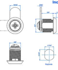 Technical diagram of a 5/8 inch cam lock; dimensions for secure cabinets, drawers, mailboxes, and tool boxes, zinc alloy chrome finish.