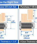 Diagram showing keyed alike cam lock set with a one and one eighth inch cylinder that fits panels up to nine tenths inch thick.