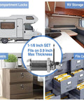 Keyed Alike RV Storage Locks 1-1/8 Inch Fits Up To 7/8 Inch Door Thickness shown with applications on camper, drawer, file cabinet.